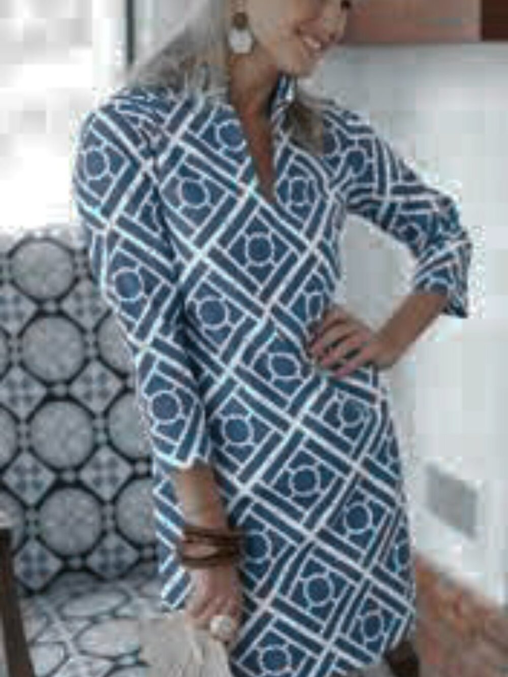 Devon Baer Blue & White Bamboo Trellis Print Tunic Shift Dress Small